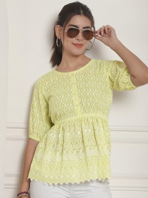 Elegance Textile Casual Embroidered Women Yellow Top