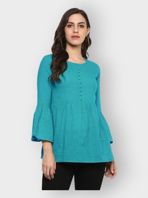 Vasumati Textiles Casual Solid Women Light Blue Top