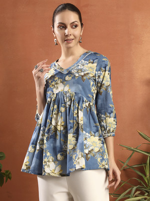 Kirnya Formal Printed Women Blue Top