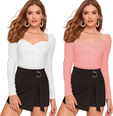 NAVYANKAA Casual Solid Women White, Pink Top