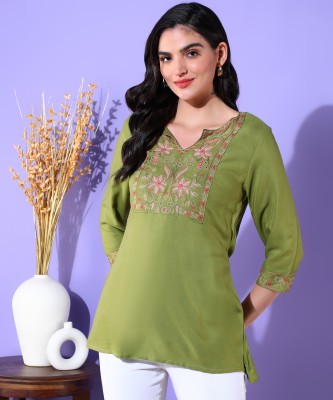 Aarvia Casual Embroidered Women Green Top