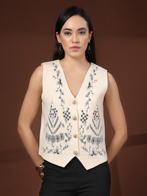 Mafadeny Casual Embroidered Women Beige Top