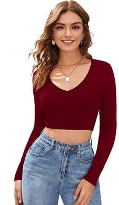 MISHREE Casual Solid Women Maroon Top