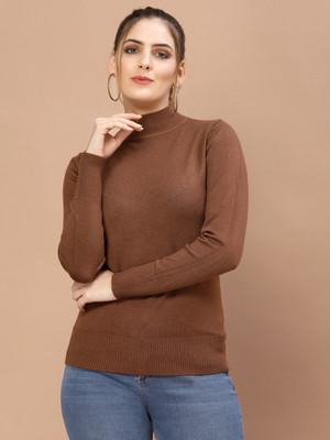 Mafadeny Self Design High Neck Casual Women Brown Sweater