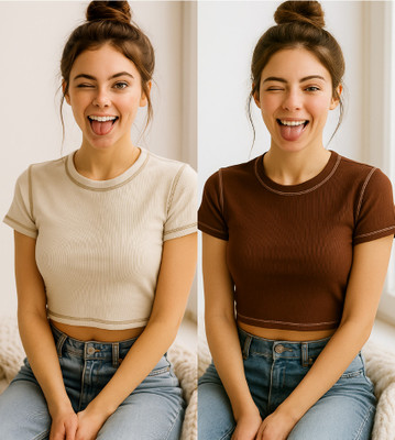 Crezystyl Casual Self Design Women Beige, Brown Top