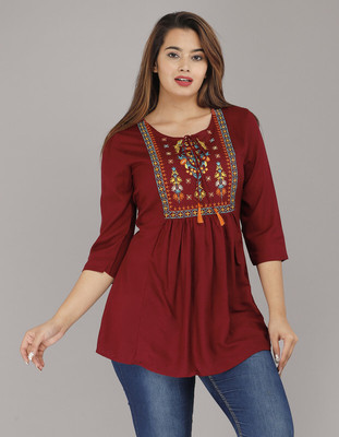 TakTke Casual Embroidered Women Maroon Top