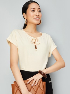 MAX Casual Solid Women Beige Top