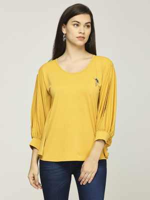 ITI Casual Solid Women Yellow Top