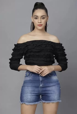 Whitewhale Casual Solid Women Black Top