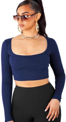 THE BLAZZE Casual Self Design Women Dark Blue Top