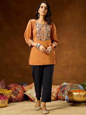 Janasya Casual Embroidered Women Brown Top