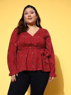 Berrylush Curve Casual Printed Women Red Top