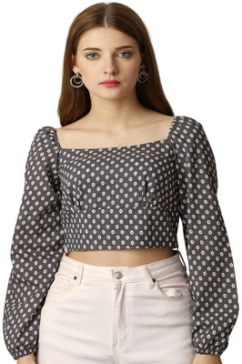 french crown Casual Polka Print Women Black, White Top