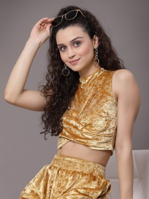 KASSUALLY Casual Solid Women Gold Top