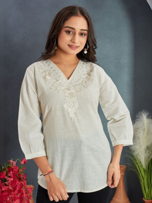 RR SA KURTIS Casual Embroidered Women White Top