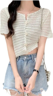CRAMPLE Casual Self Design Women White Top