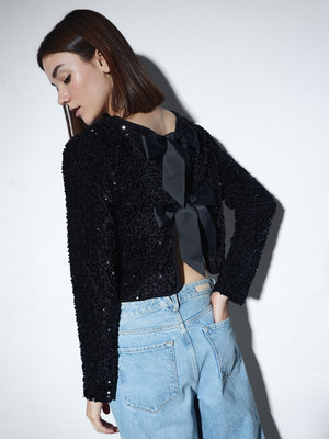 ONLY Party Embellished, Self Design Women Black Top