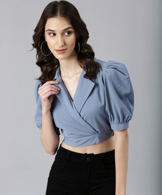 SHOWOFFFF Casual Solid Women Blue Top