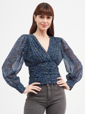 HARPA Casual Floral Print Women Dark Blue Top