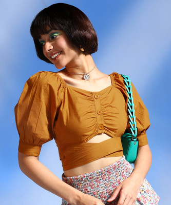 Raffaella Party Solid Women Brown Top