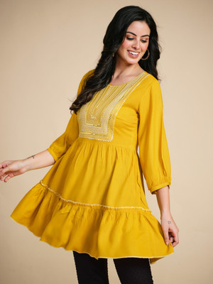 Glomee Casual Embroidered Women Yellow Top
