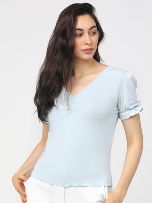 Tokyo Talkies Casual Solid Women Light Blue Top