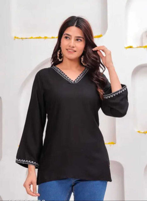 NK FASHIO Casual Embroidered Women Black, White Top