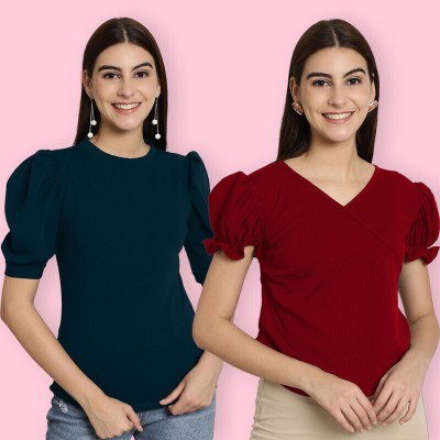 Tromko Casual Solid Women Dark Green, Red Top