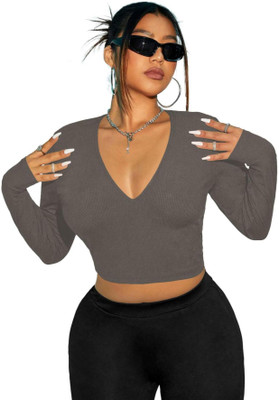 THE BLAZZE Casual Solid Women Grey Top