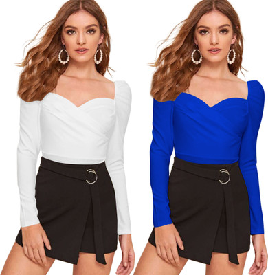 Maheshvi Casual Solid Women White, Dark Blue Top