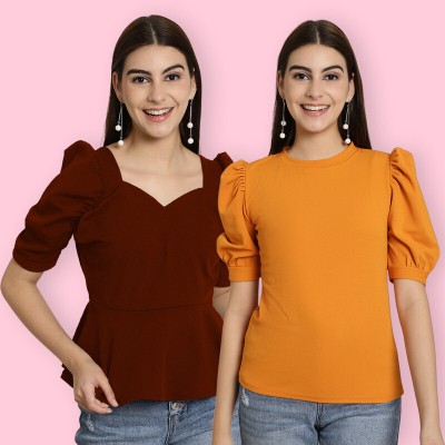 Tromko Casual Solid Women Yellow, Maroon Top