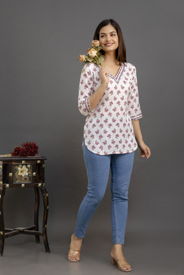UNIFYFASHION Casual Printed Women White Top