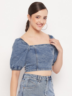 MADAME Casual Solid Women Blue Top