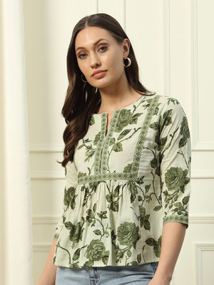 Kavisaa Casual Geometric Print, Printed Women Green Top