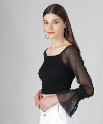 FAIRIANO Casual 3/4 Sleeve Solid Women Black Top