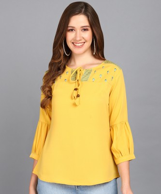 Prettify Casual Embroidered Women Yellow Top