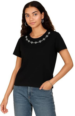 SIMPLICTEE Casual Embellished Women Black Top