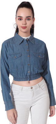 CEFALU Women Solid Casual Blue Shirt