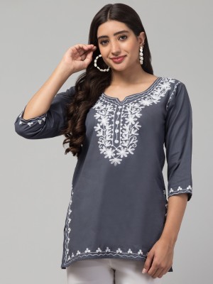 STYLE PREZONE Casual Embroidered Women Grey, White Top