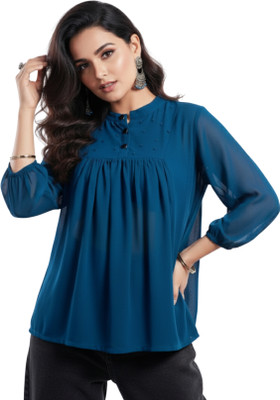 Costlee Casual Embroidered Women Blue Top