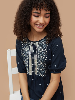 Fame Forever by Lifestyle Casual Embroidered Women Blue Top