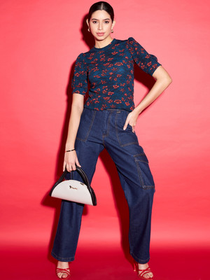 Uptownie Lite Casual Short Sleeve Printed Women Dark Blue Top