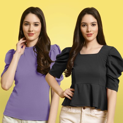 METRONAUT Casual Solid Women Purple, Black Top