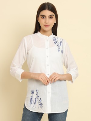 Rudraaksha Casual Embroidered Women White Top