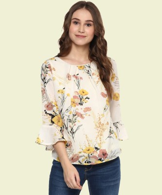 HARPA Casual Bell Sleeve Floral Print Women White Top