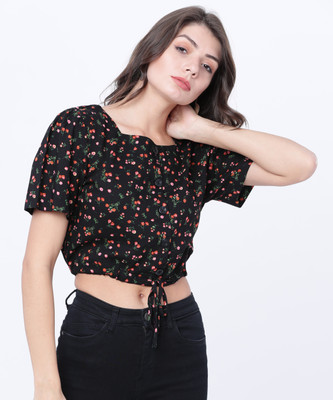 Tokyo Talkies Casual Short Sleeve Printed Women Black Top