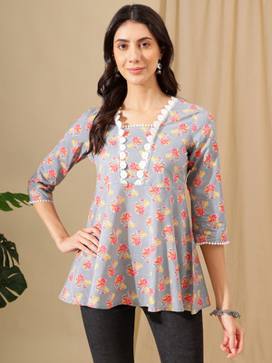 Janakdulari Creation Party Printed Women Grey Top