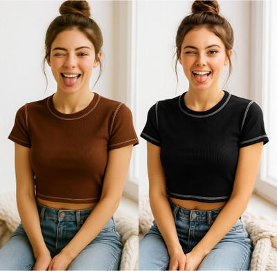 Crezystyl Casual Self Design Women Brown, Black Top