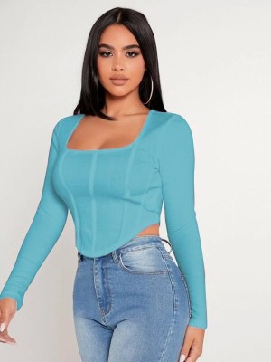 SIZA FASHION Casual Solid Women Light Blue Top