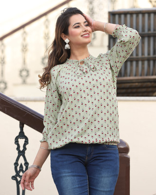 FASHION FALCON Casual Floral Print Women Light Green Top